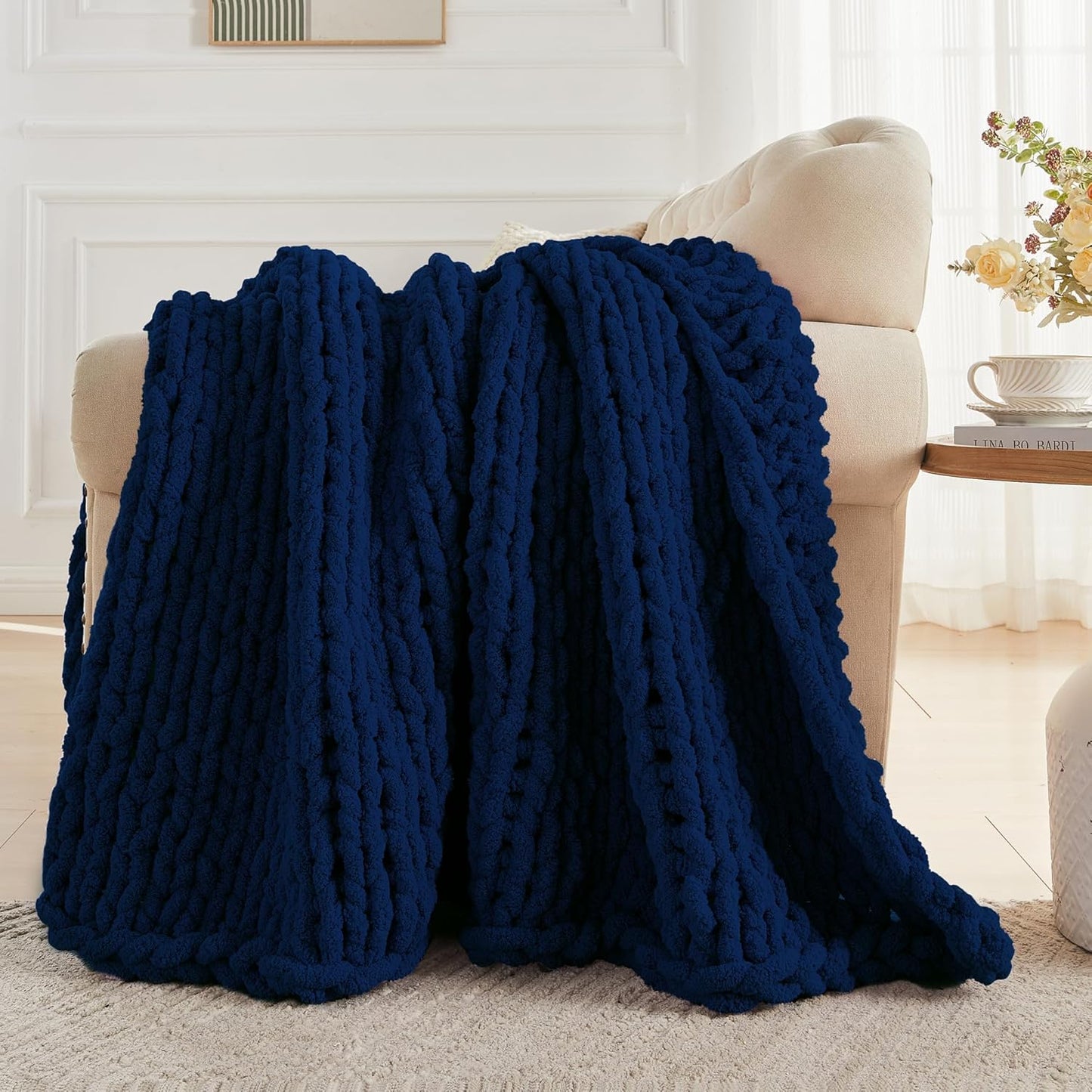 Carriediosa Chunky Knit Throw Blanket 50" X 60", 100% Hand Made Large Chenille Loop Yarn Soft Fluffy Throws for Couch Sofa Bed, Big Crochet Cozy Heavy Thick Cable Woven Blankets, Navy Blue