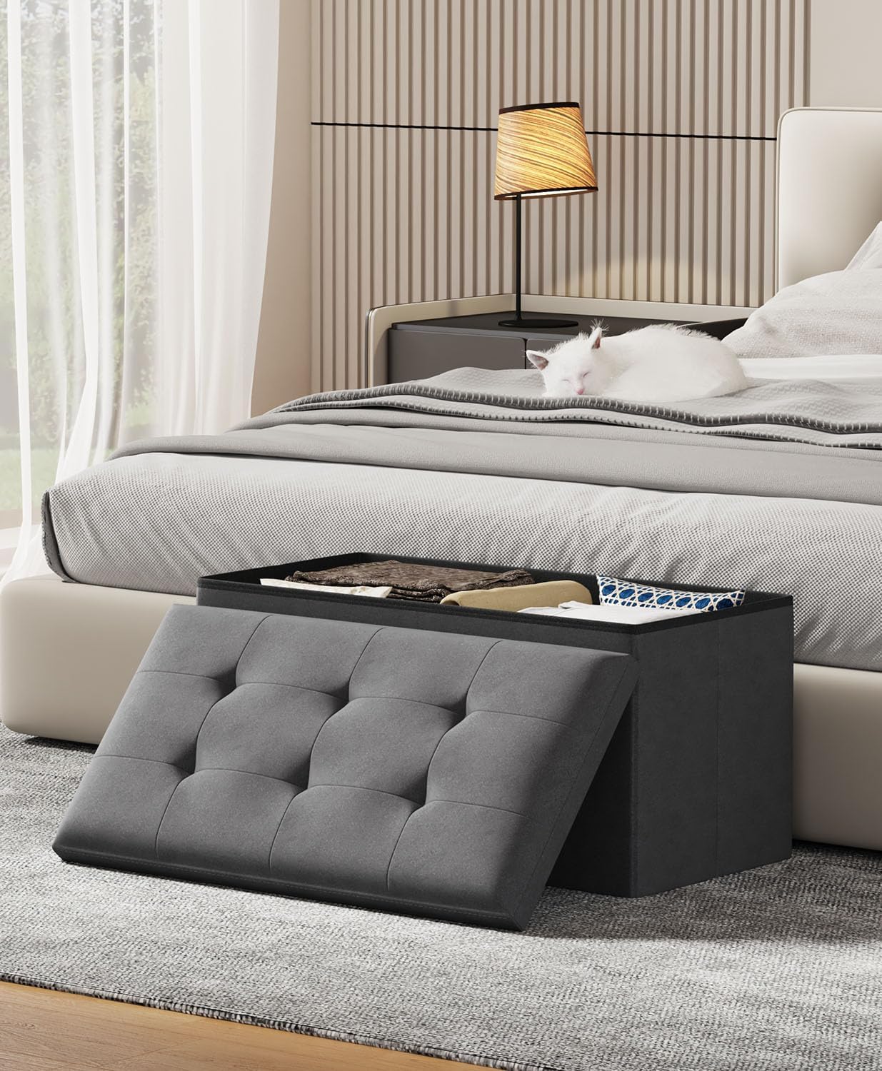 Storage Ottoman Bench, Folding Ottoman Foot Rest, 15 x 30 x 15 Inches, End of Bed Bench,Storage Chest, for Living Room, Bedroom, Hallway, Entryway, Dark Gray