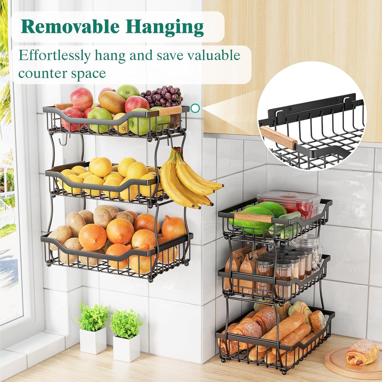 Giwil 3 Tier Countertop Fruit Basket for Kitchen, Vegetable Storage Bread Fruit Bowl Stand with 2 Banana Hooks, Wall Mounted Metal Wire Basket Organizer for Potato Onion, Black