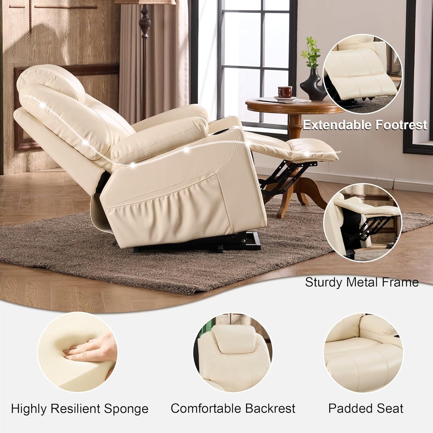 SALOHZA Power Lift Recliner Chair for Elderly with Massage and Heat for Living Room, Electric Recliner Chair for Adults with USB/Type C Port/Cup Holders, PU Faux Leather, Cream White