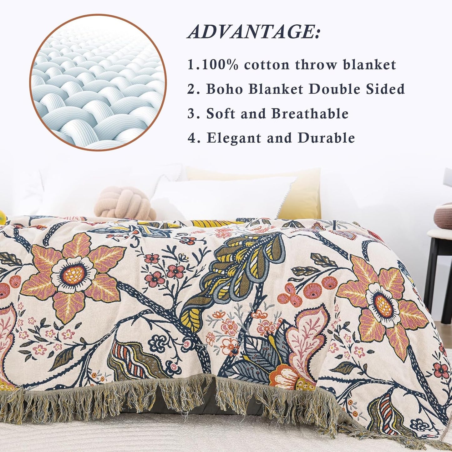 Snycler Boho Throw Blanket for Bed, 100% Organic Cotton Muslin Soft Throw-Floral Farmhouse Rustic Spring Summer Fall Decor Blanket for Couch Sofa Quilt and Gift, 60" x 80" White