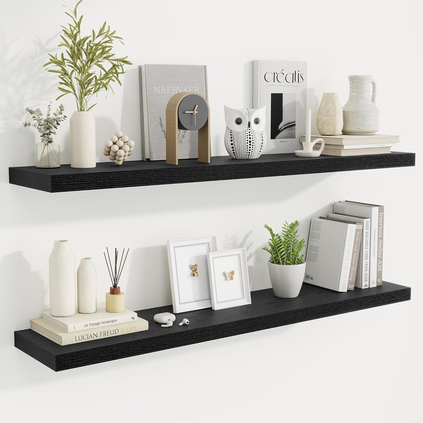 Fun Memories 48 Inch Deep Floating Shelves for Wall, 2 Pack of Long Wall Mounted Wood Shelves with Invisible Brackets for Bathroom, Bedroom, Living Room, Kitchen Decor and Storage, Black