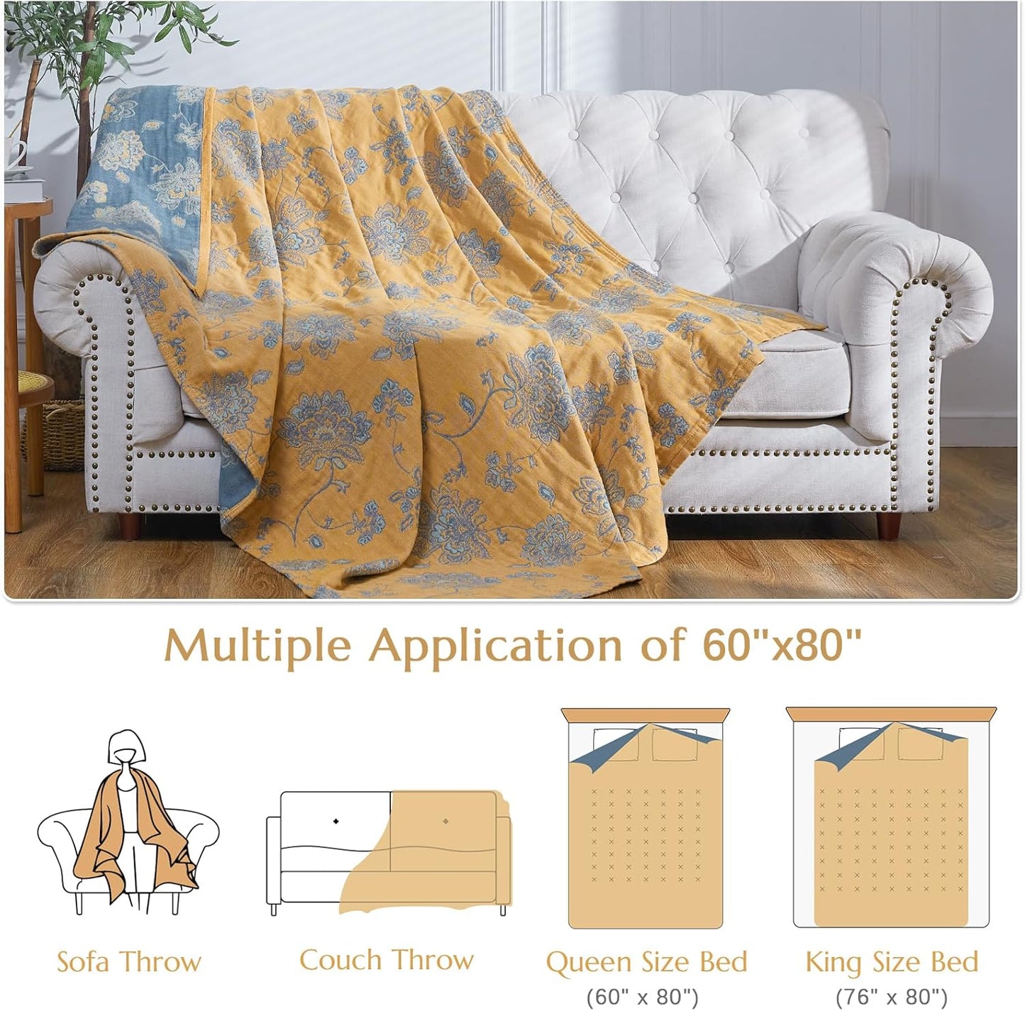 jinchan Boho 100% Cotton Muslin Twin Size 60x80 Inches Blanket Lightweight 4-Layer Quilted Soft Yellow and Blue Floral Throw Blanket Reversible Comfy Flower Breathable All Seasons Couch Bedroom Decor