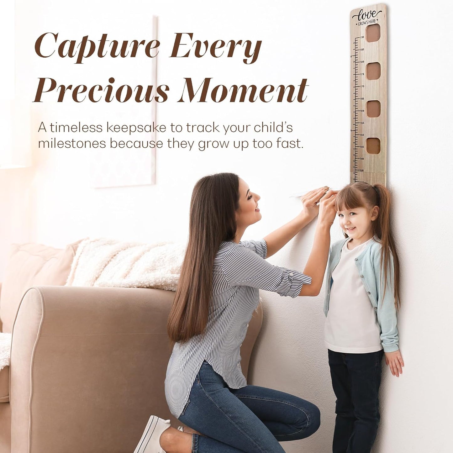 Wooden Growth Chart for Wall - Foldable Height Chart for Kids with Picture Slots - Milestone Tracker Measuring Board with Mounting Hooks - Easy Installation, Smooth Finish, Neutral Color