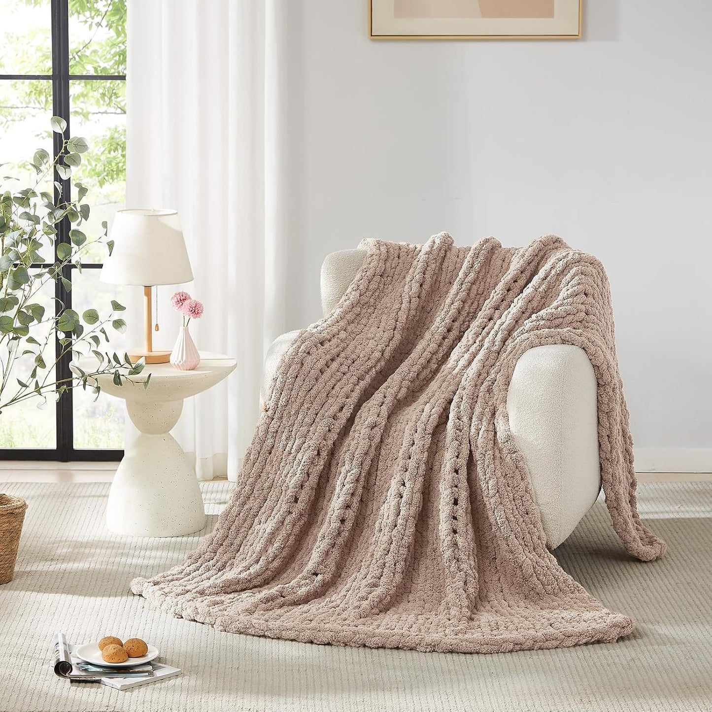 L'AGRATY Chunky Knit Blanket Throw: 80''x90'' Chenille Chunky Knitted Throw Blankets for Bed Couch - Handmade Thick Big Cable Knit Blanket - Large Crochet Rope Blankets for Home Decor(Light Taupe)