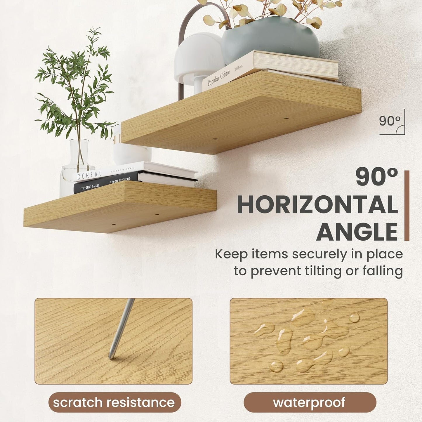 40 Inch Floating Shelves, 8 Inch Deep Floating Shelves for Wall, Hanging Shelf with Invisible Brackets, Deep Shelves for Bathroom, Bedroom, Living Room, Oak, Set of 2