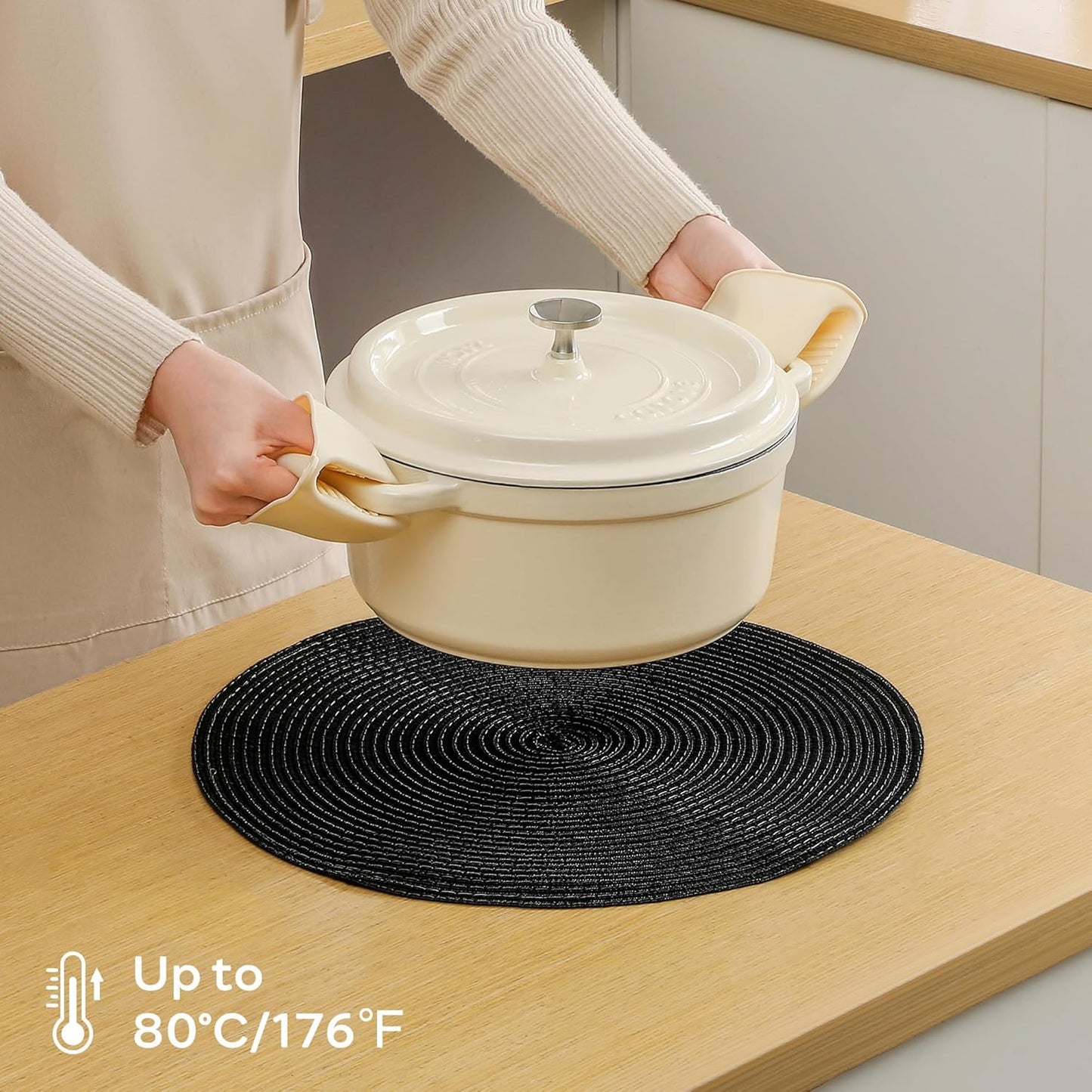 Leetaltree Round Placemats Heat and Slip Resistant Cotton Table Mats, Washable Bohemian Placemats for Dining Tables (Black, Set of 8)