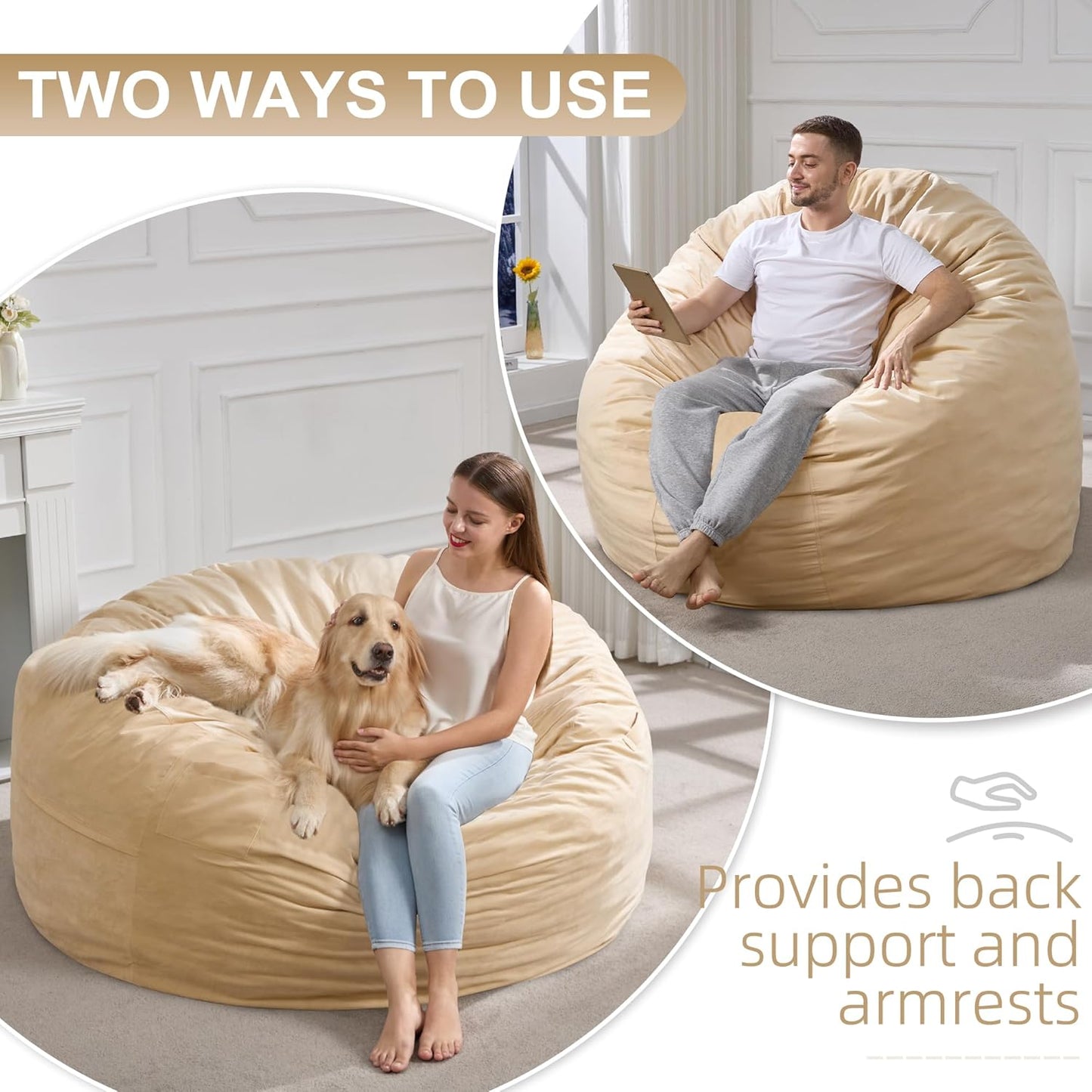 Hobestluk 5FT Bean Bag Chair Giant Bean Bag Chairs for Adults Large Bean Chairs with Removable Cover, Beanbag Chair with Filler, Adult Bean Bag Chairs for Living Room, Bedroom