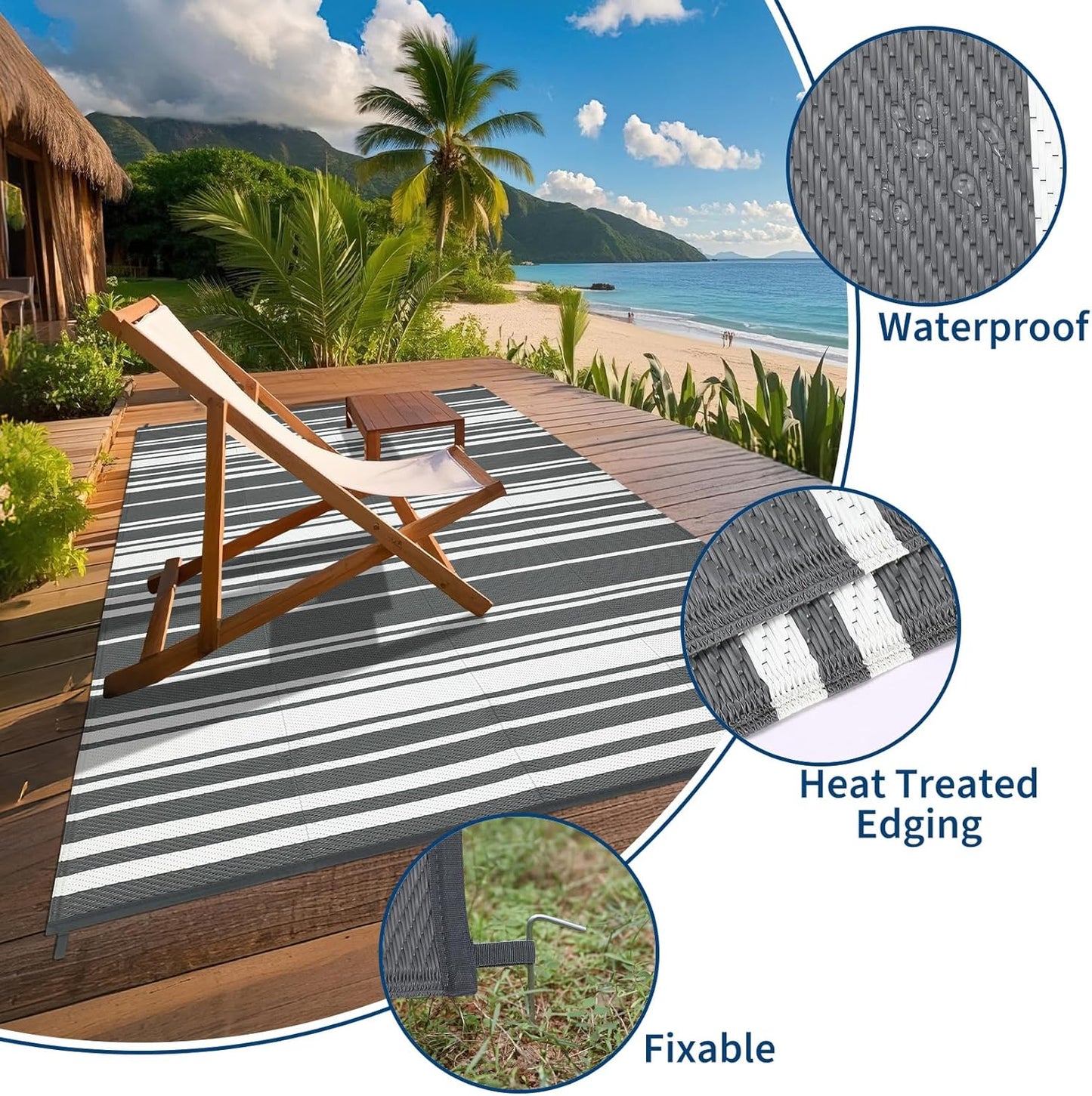Outdoor Patio Rug 9x12 Stain-Resistant Reversible Camping Mat, Modern Striped Outdoor Plastic Straw Rug, Waterproof Outside Carpet, Easy to Clean for RV, Porch, Deck, Balcony, Grey