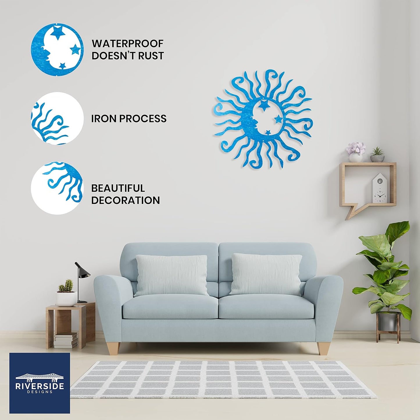 Riverside Designs Wacky Solar Moon Metal Wall Art Steel Outdoor Decor | Heavy-Duty and Waterproof | Made in USA (Teal, 12L x 12W)