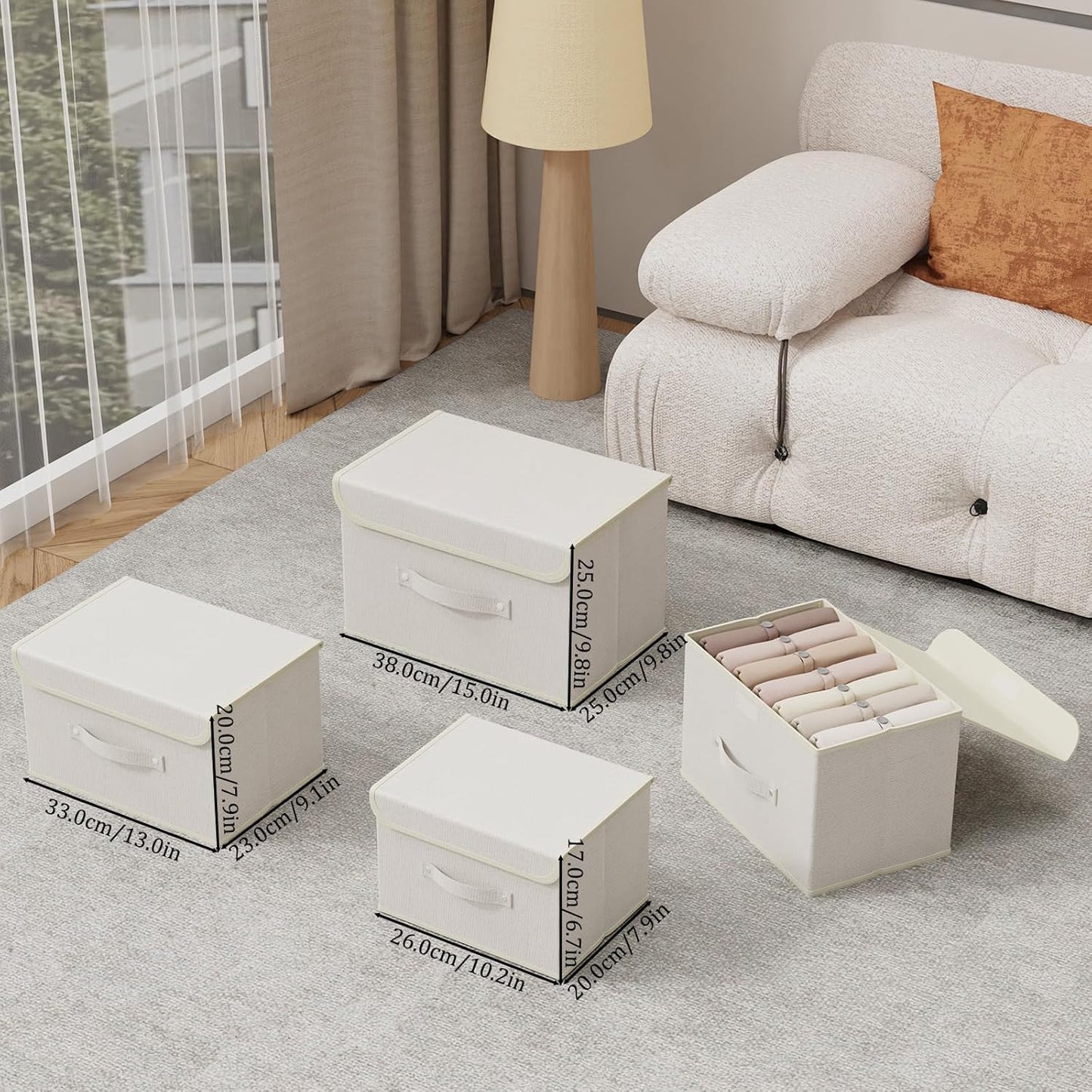 Fabric Storage Bins Cube Organizers with Flip-Top Lid and Handles,Storage Boxes for Organizing Home,Office,and Closet,Beige,3 Pack 15 x 9.8 x 9.8 in