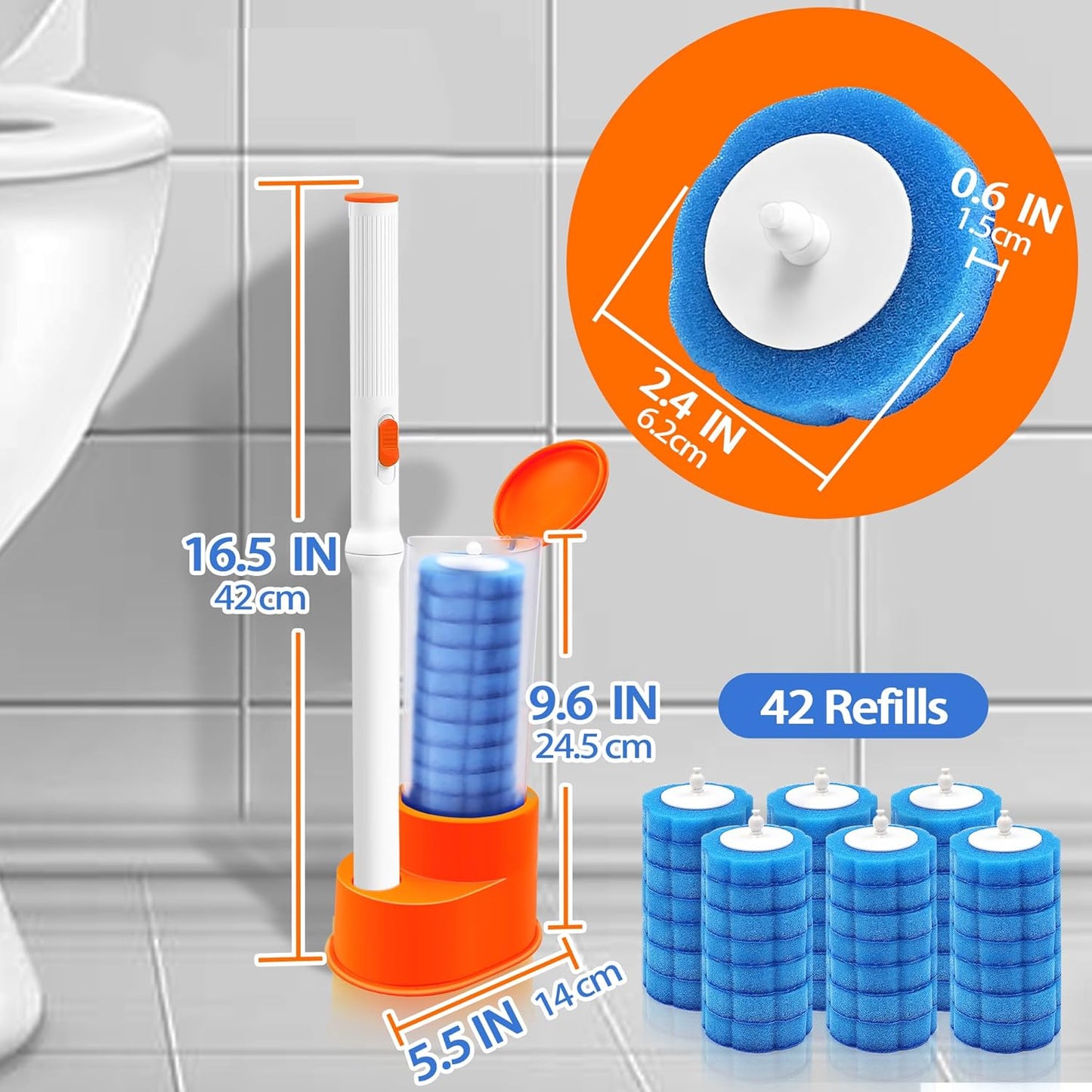 JEHONN Disposable Toilet Brush with Tweezers, Toilet Bowl Wand Holder Set with 42 Cleaner Refills, Bathroom Cleaning System for Sink Bathtub Wash Basin (White Orange)