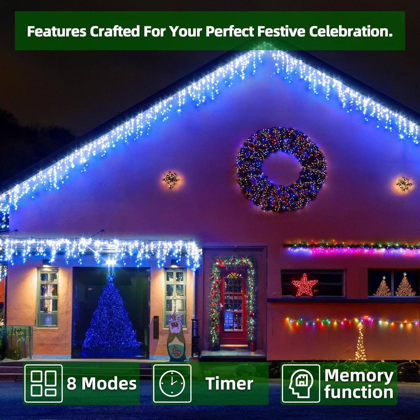 612 LED 60FT Icicle Christmas Lights - 136 Drops Waterproof 12 Modes Memory Timer, Outdoor Hanging Roof Lights for Eaves Gutter Xmas Tree Holiday Decorations Blue & White