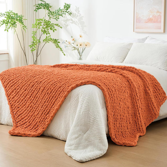 Bigacogo Chunky Knit Throw Blanket for Couch, 51x63 inches, 100% Hand Knitted with Thick Jumbo Chenille Yarn, Cozy Soft Large Rope Knot Cable Crochet Blankets for Sofa Bed Living Room, Terracotta