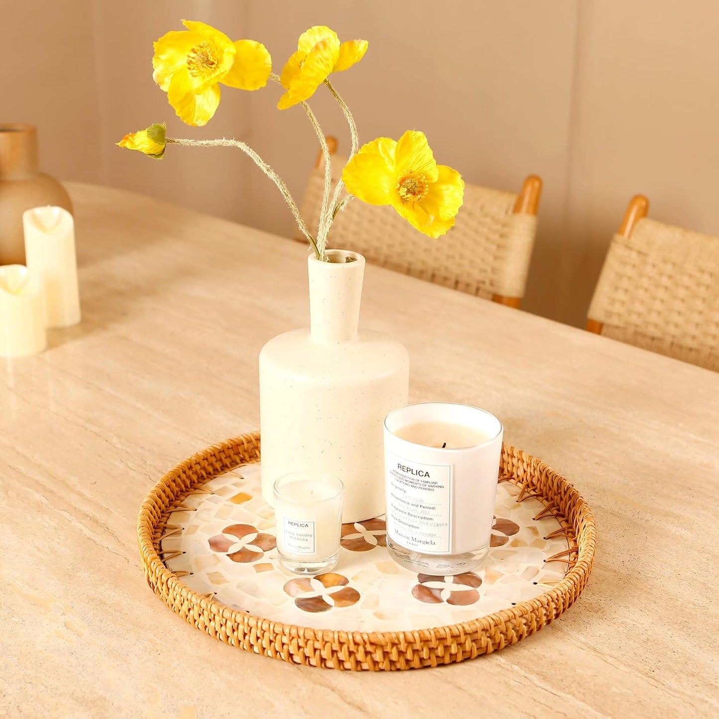 Round Rattan Tray with Mother of Pearl Inlay & Wooden Base - Decorative Wicker Serving Tray for Coffee/Bread/Fruits, Food Storage & Display - Multipurpose Home Decor (M,Four-Petal Flower)