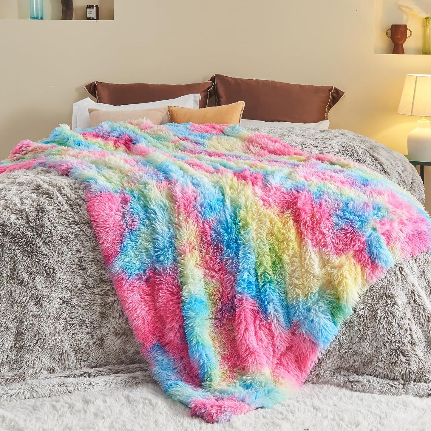 GONAAP Fuzzy Faux Fur Throw Blanket Twin Size Dark Rainbow Super Soft Cozy Plush Fuzzy Shaggy Blanket for Couch Sofa Bed (Dark Rainbow, Twin(60"x80"))