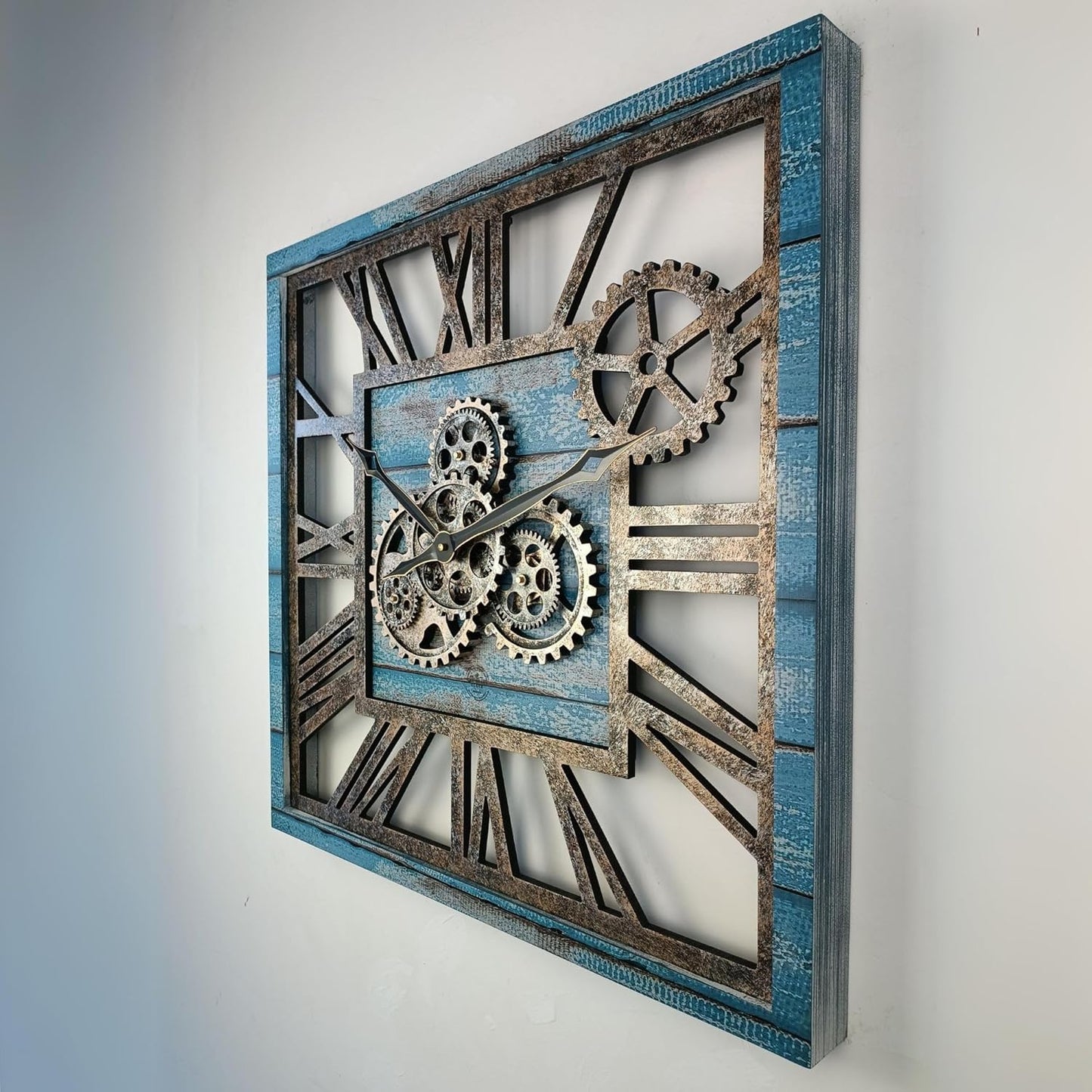 The Gears Clock 24'' Inch Square Real Moving Gear Wall Clock Vintage Industrial Oversized Rustic Farmhouse (Ocean Blue)