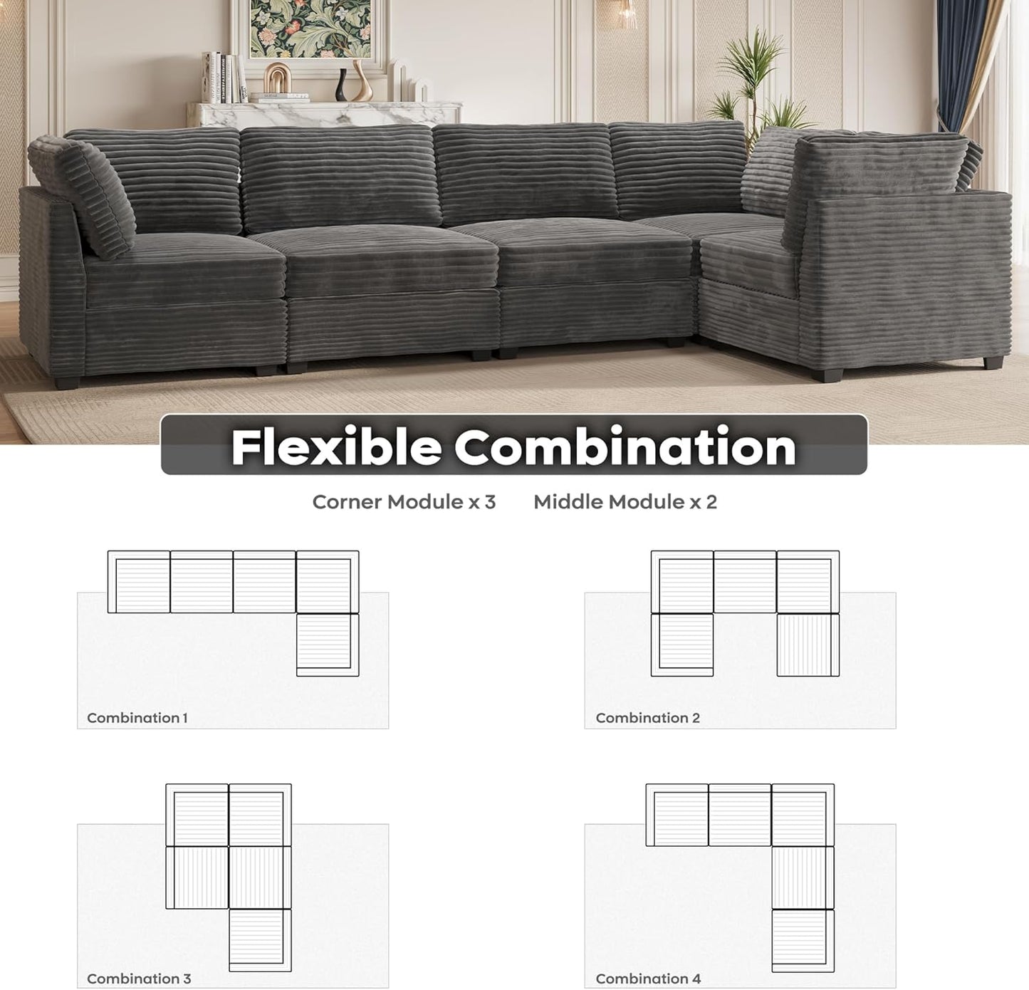 ovios Sectional Sofa Couch with L-Shape Chaise Convertible, Comfy Modular Cloud Couches with Deep Seat, Modern Upholstered Plush Corduroy Sofas Set for Living Room, 5-Seater, Grey