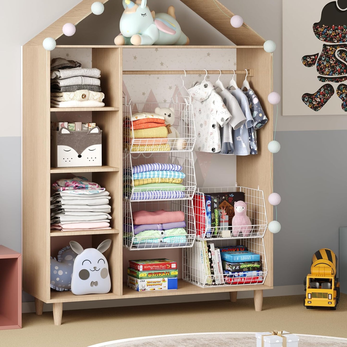 5 Tier Closet Hanging Organizer, Clothes Hanging Shelves with 4 Hanging Hooks 5 S Hooks, Wire Storage Basket Bins, for Clothing Sweaters Shoes Handbags Clutches Accessories Patent Design-White