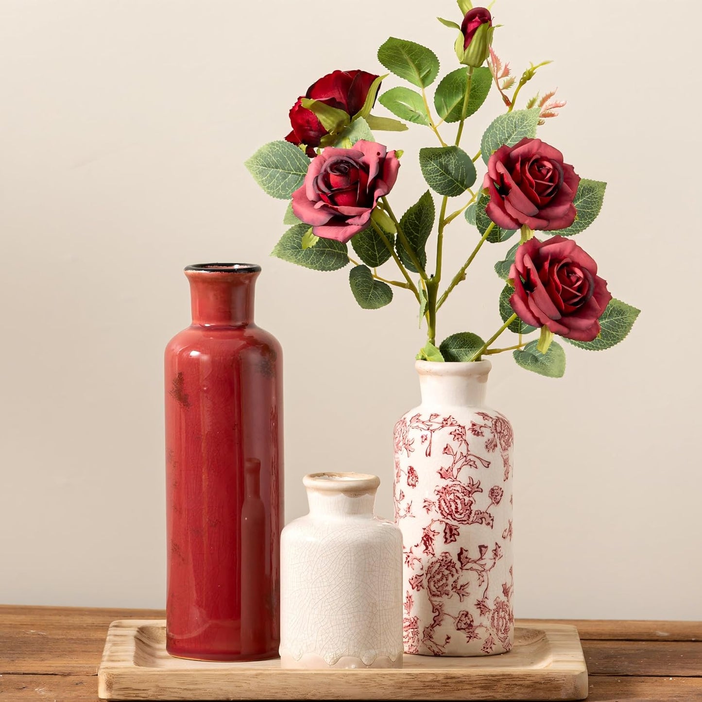 Vintage Vase Set of 3, Ceramic Vintage Flower Vases, Chinoiserie Decorative Home Decor Retro Floral Vase Rustic Farmhouse Decor for Table Bookshelf Mantel Kitchen Living Room Office - Red and White