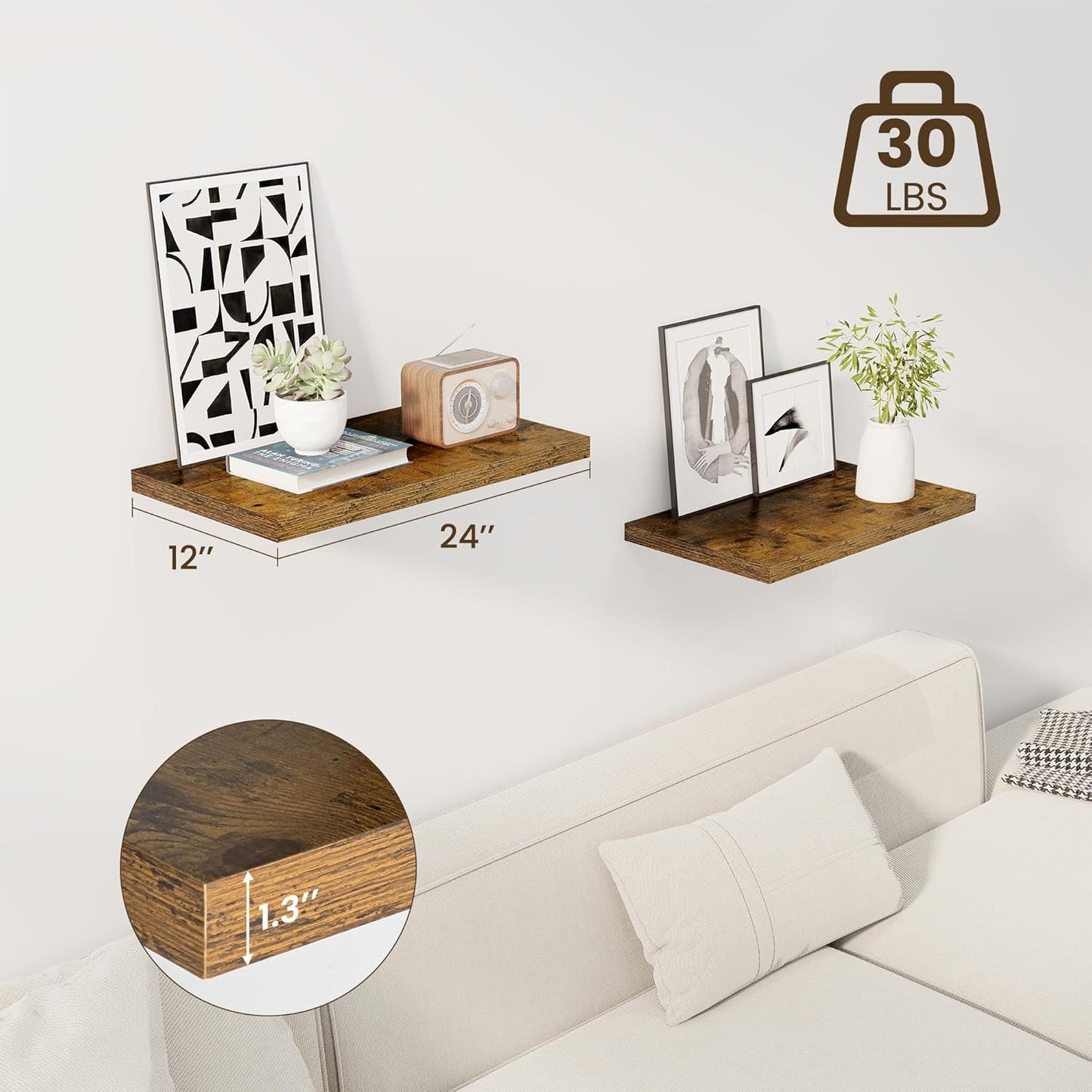 24" Floating Shelves for Wall, 12" Deep Slim Rustic Brown Floating Shelves, Wall-Mounted Shelves for Bedroom, Living Room, Kitchen, Bathroom - Set of 2