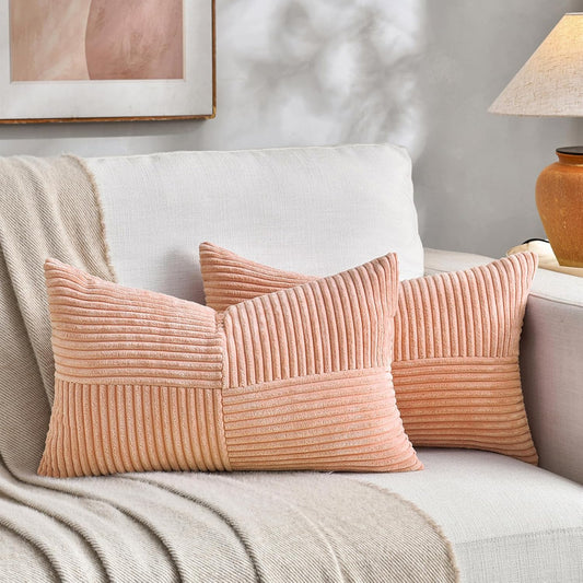 Fancy Homi 2 Packs Peach Long Lumbar Decorative Throw Pillow Covers 12x24 Inch for Couch Bed Sofa, Rustic Farmhouse Boho Home Decor, Soft Striped Corduroy Rectangle Accent Cushion Case 30x60 cm