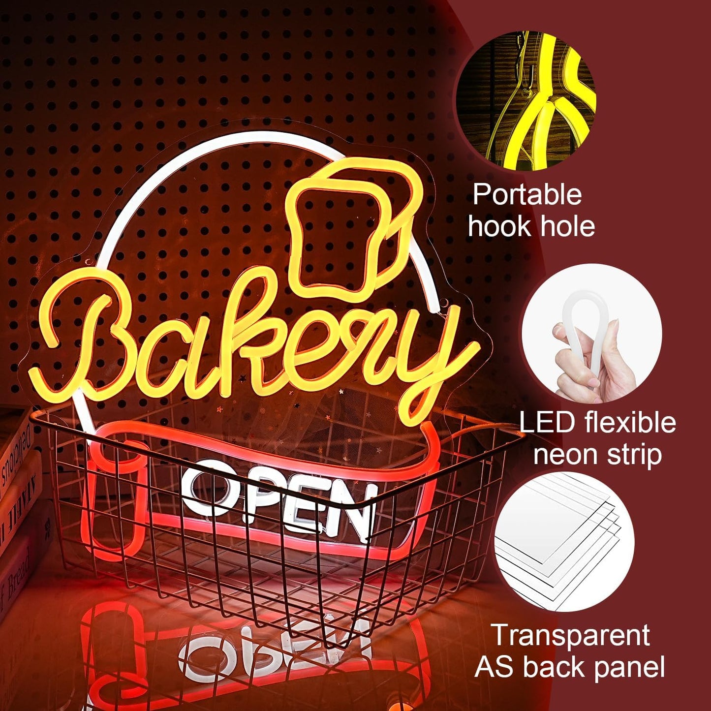 Dimmable Bakery Open Neon Sign USB Open Light Up Sign for Wall Decor Brighter LED Bakery Open Neon Light for Bakery Cake Shop Dessert House Business Decor(12.8 * 12.8 In)