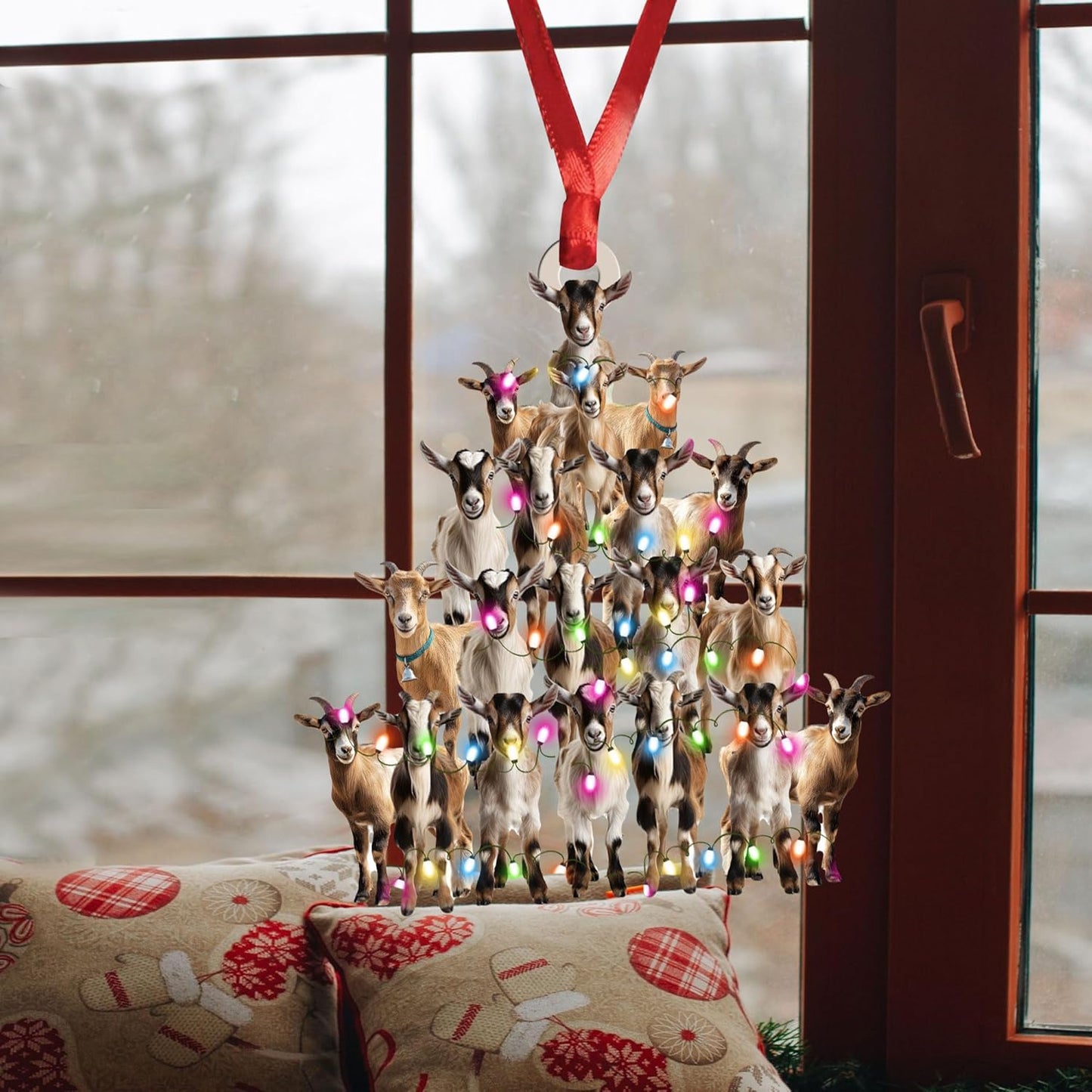 Talataca Goat 2D Flat Christmas Ornament, Goat Farm Animal Christmas Pine Tree Shape with String Light Pine Tree Decor, Hanging House Charm Eve Keepsake, Car Rear View Mirror Accessories, Xmas Gift