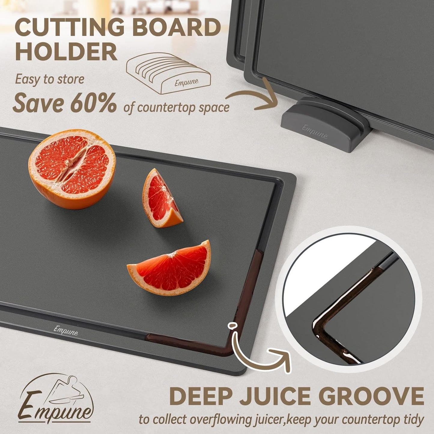 Empune Plastic Cutting Board Set, Recycled Plastic Cutting Boards for Kitchen (Set of 3), Dishwasher Safe Large Chopping Board with Holder, Non-slip Feet and Juice Grooves, Nonporous, Grey