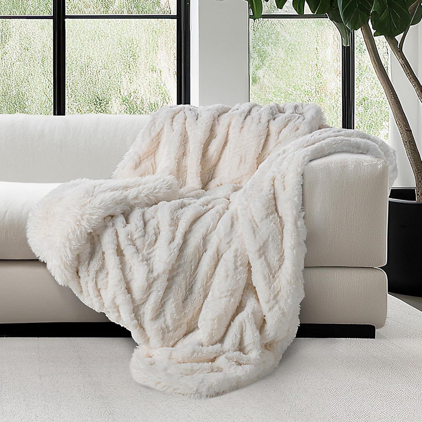 Mon Chateau Premium Reversible Queen Size Luxury Faux Fur Throw for Couch, Sofa, or Queen Size Bed - Plush Cozy Soft Blanket for Sleeping or Home Décor, 60" x 70" (Ivory Jacquard)