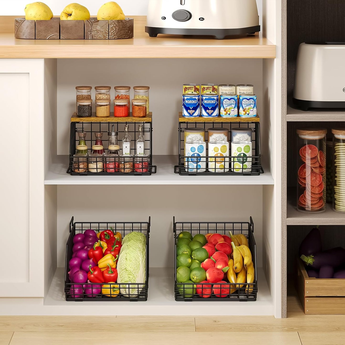 X-cosrack 2-Tier Stackable Wire Baskets for with Wood Lid, Wall Hanging Baskets for Potato and Onion Storage, Fruit Basket for Kitchen Counter, Metal Baskets for Snack Produce Cans