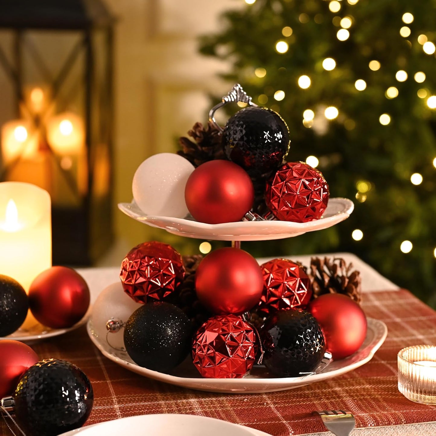 Valery Madelyn Christmas Tree Decorations Ornament Set for Fall Halloween, 50ct 2 Inches Red and Black Shatterproof Christmas Ball Ornaments Hanging Xmas Holiday Party Decor