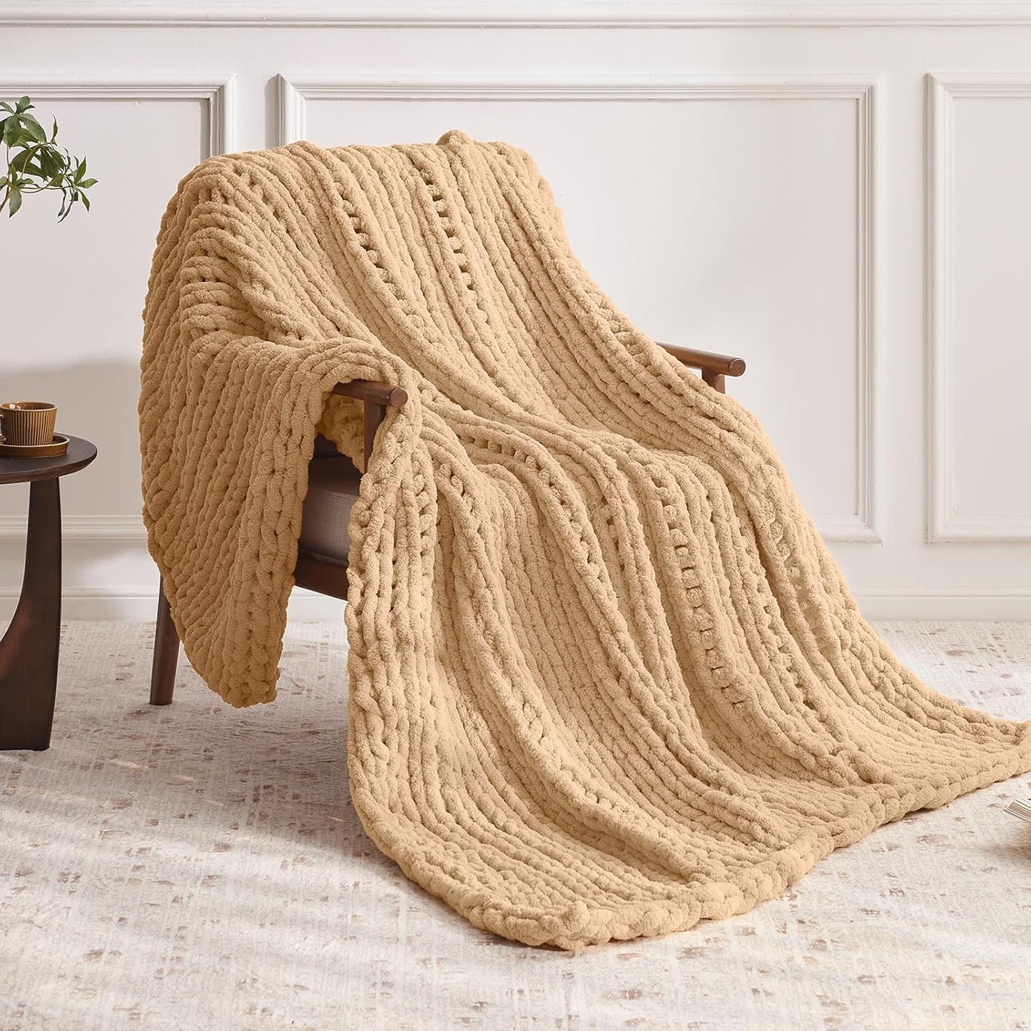 Chunky Knit Throw Blanket, 80''*90'' Knitted Throw Chenille Yarn for Bed Couch, Handmade Beige Crochet Big Thick Blanket, Machine Washable Cute Comfy Blanket for Home Decor