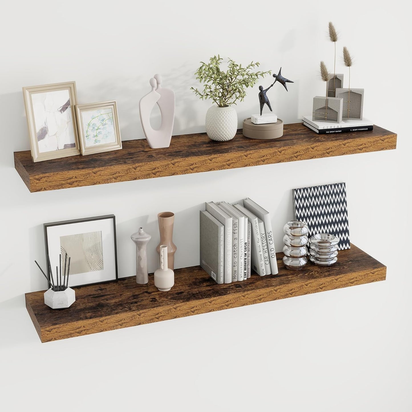 48 inch Floating Shelves for Wall Large Wall Mounted Shelves with Invisible Brackets, Brown Long Shelves for Bathroom, Living Room, Kitchen, Office, 48x9.1 inch deep Set of 2