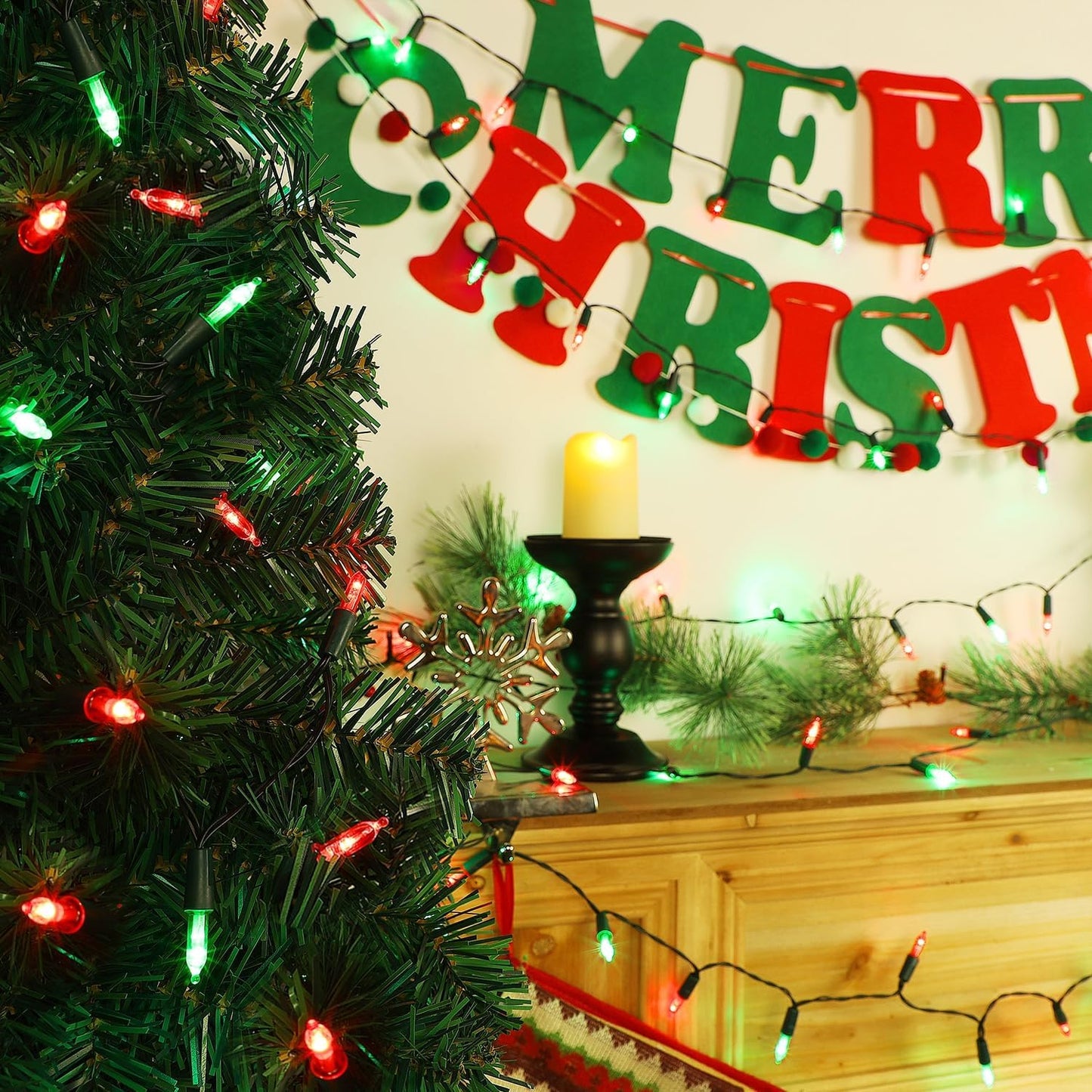 WATERGLIDE 2 Pack 50 LED Outdoor Christmas Lights, 16FT Battery Operated Mini String Lights with 8 Modes & Timer, Xmas Tree Lights Waterproof for Patio Garden Party Wedding Holiday Decor, Red & Green