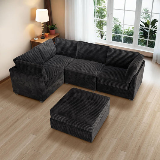 ovios Sectional Sofa Couch with L-Shape Chaise Sofa Bed, Comfy Modular Cloud Couches with Deep Seat, Modern Upholstered Plush Corduroy Sofas Set for Living Room, 5-Seater, Black