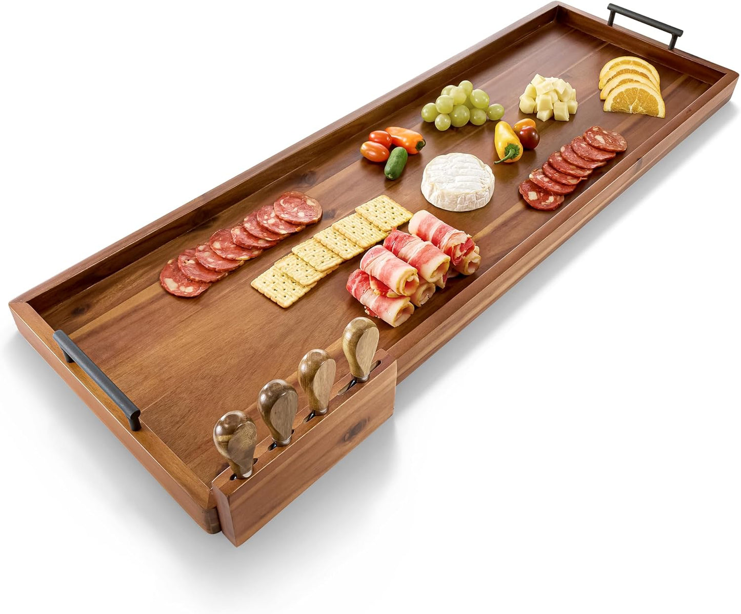 Acacia 36 Inch Extra Large Charcuterie Board with Cheese Knife Set of 4 - Acacia Wood Serving Tray with Handles, Long Charcuterie Board, Large Charcuterie Boards for Party, Wooden Cheese Board