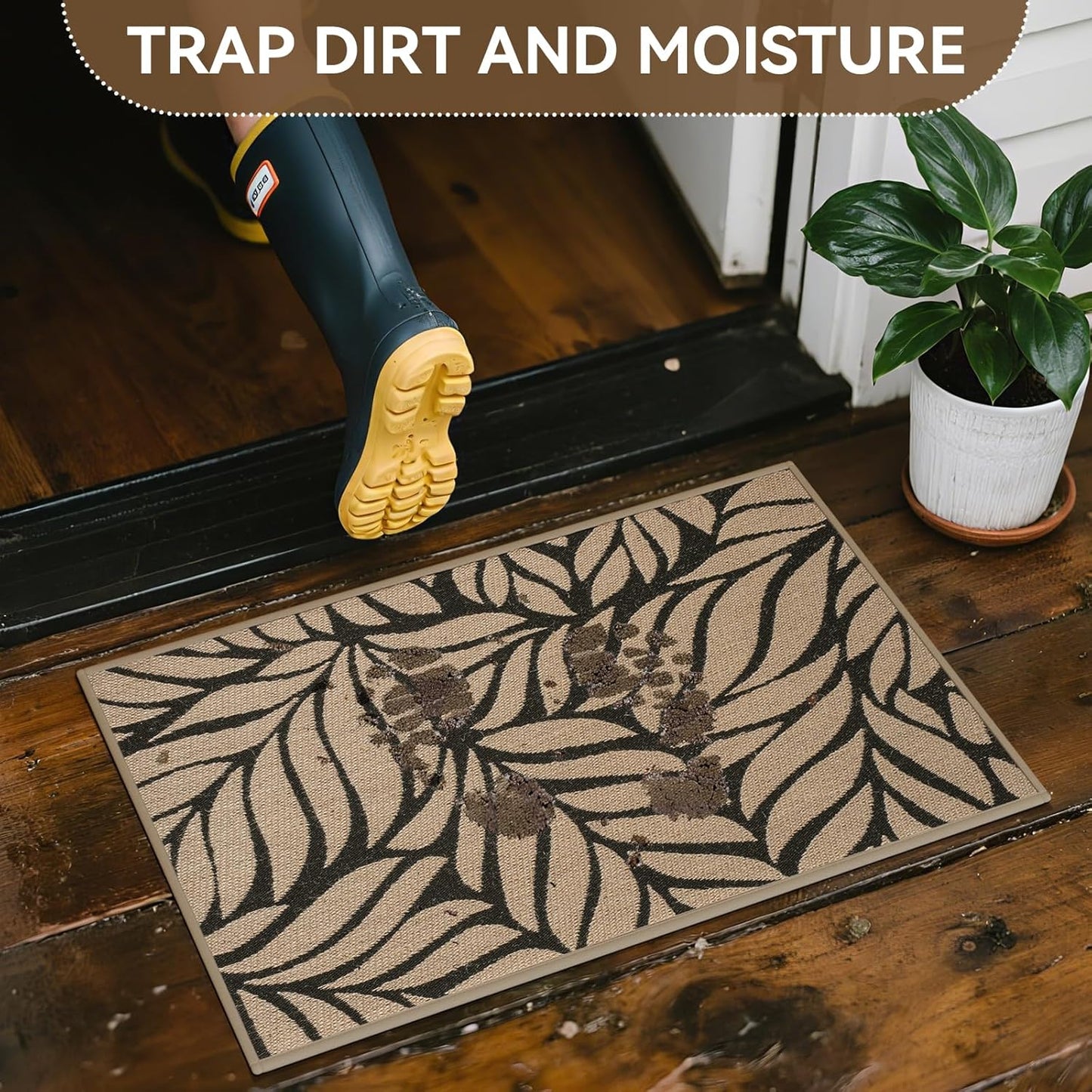 Front Door Mat Indoor Outdoor Entrance, 17''x30'' All-Season Waterproof Welcome Mat, Heavy Duty Non-Slip Rubber Backing, Patio Porch Doormat, Low Profile, Trap Dirt and Moisture, Brown