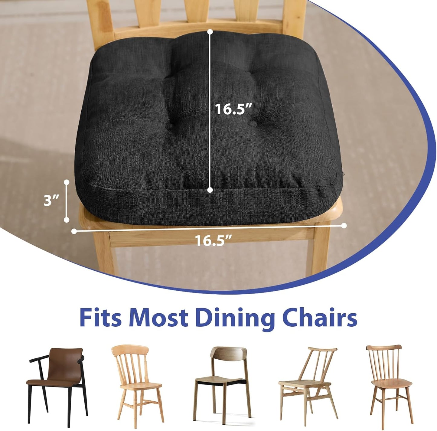 Chair Cushions, Foam Dining Chair Cushions, Tufted Indoor Chair Pads,16.5” x 16.5” x 3.5”, Set of 4, Black