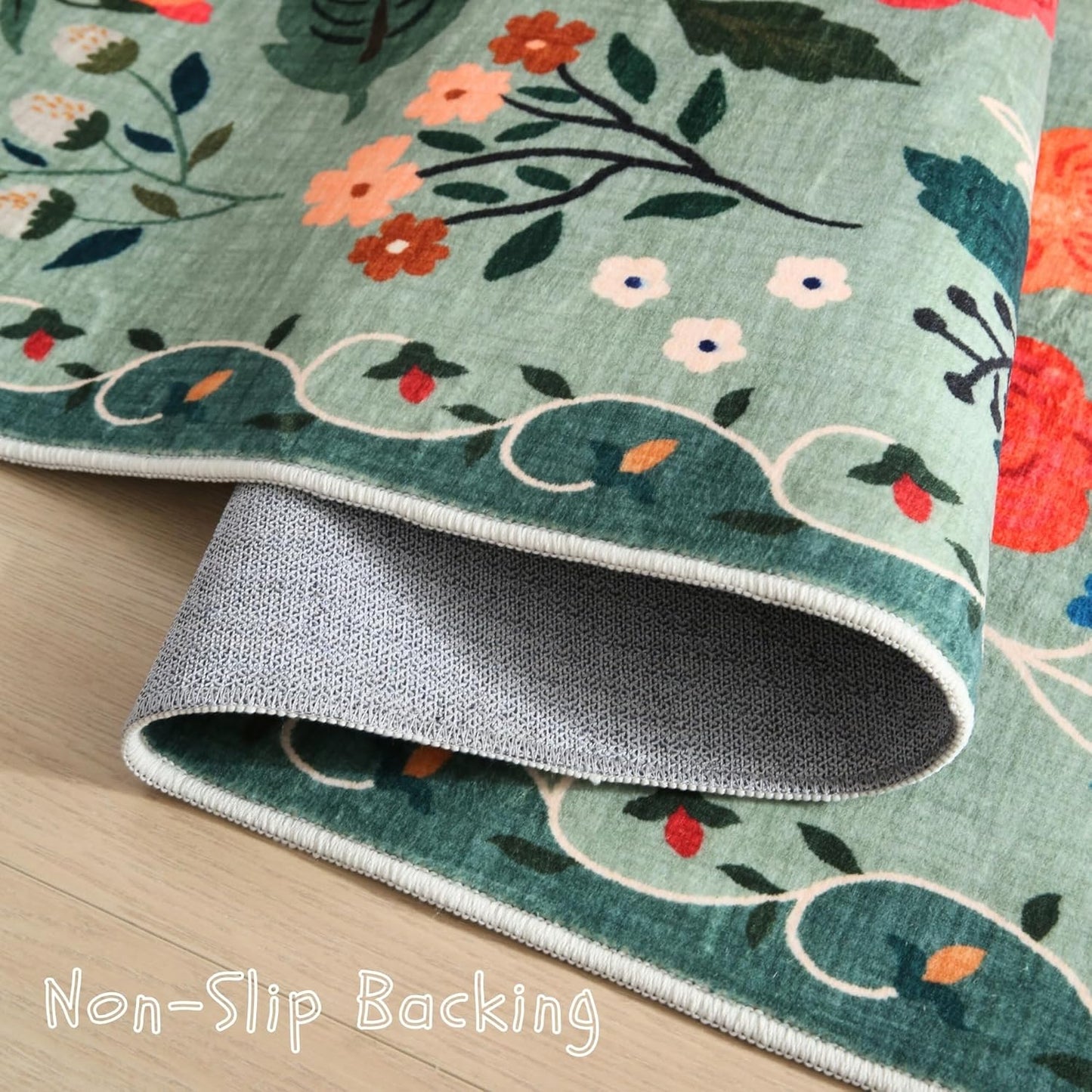 Living Room Rug 6x9 Rug Machine Washable Boho Area Rug Non Slip Floral Vintage Low Pile Large Rug for Living Room, Bedroom, Farmhouse, Dining Room, Kids Playroom(Green)
