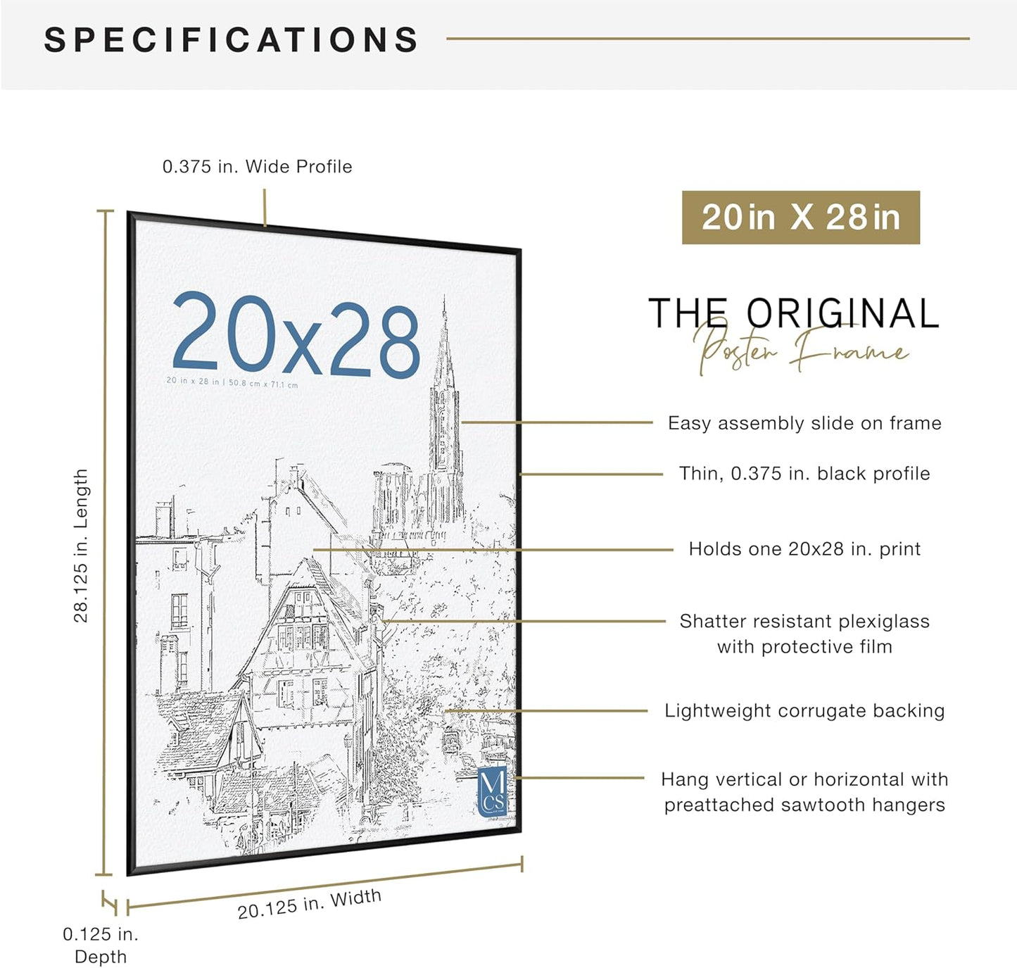 MCS Original Poster Frame 20x28 Black Lightweight Vertical & Horizontal Wall Hanging Large Picture Frame for Posters, Art Prints & Gallery Wall (1-Pack)