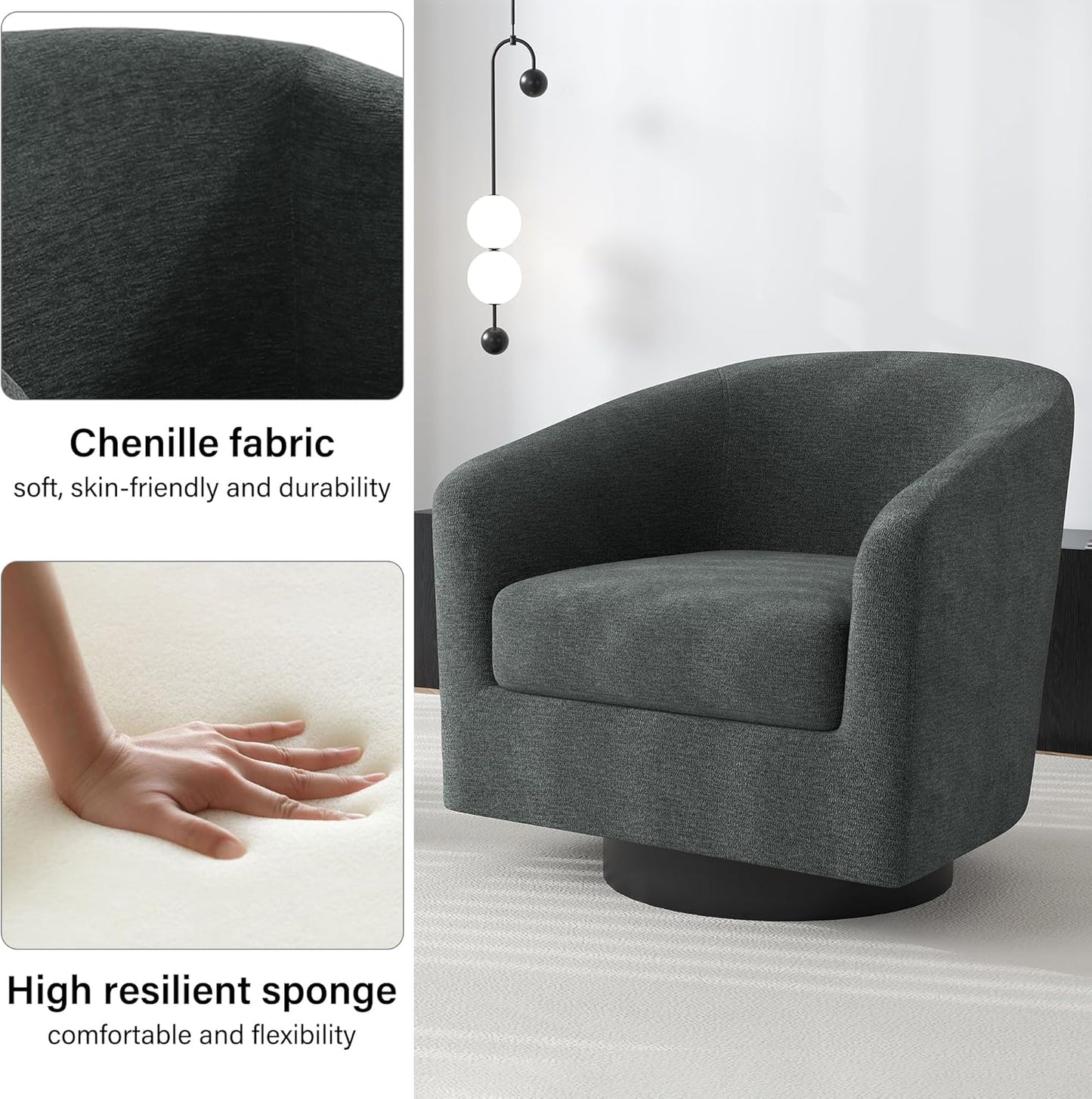 Swivel Barrel Accent Chair, Modern Round Chenille Fabric Arm Chair for Living Room, Bedroom, Comfy Club Reading Chairs for Adults（Chenille Fabric, Grey, Set of 2