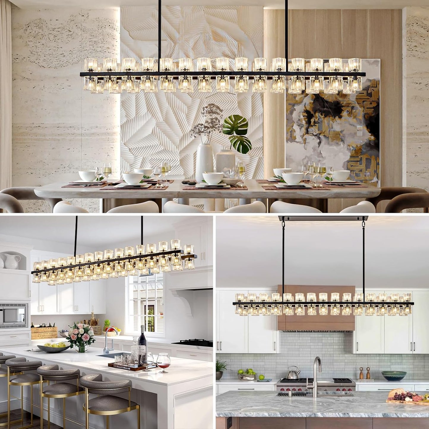 Crystal Black Rectangular Chandelier Light Fixture,54 in Dining Room Chandeliers Over Table,Modern Chandeliers For Living Room,Arcachon Chandelier,Kitchen Island Chandeliers Includes 60xG4 Bulbs