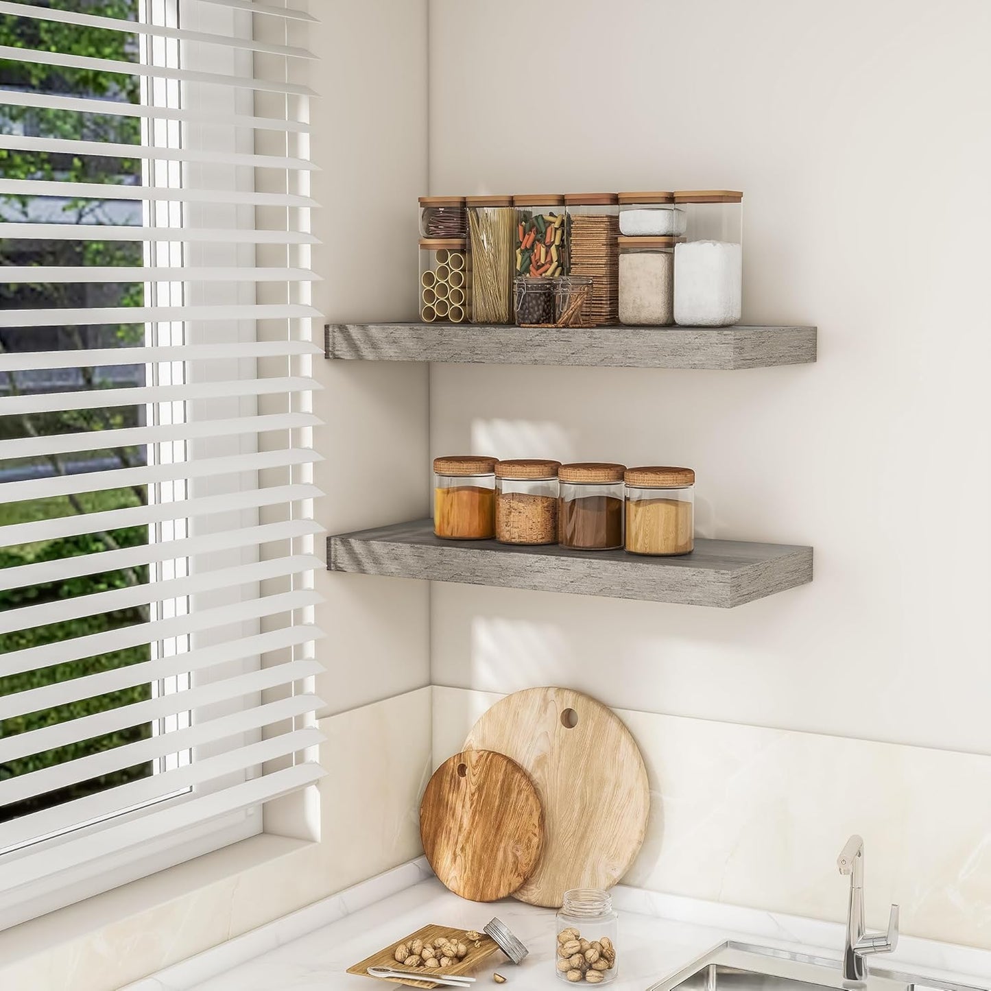 RICHFOCUS 24Inch Floating Shelves for Wall 2 Pack Shelves for Bedroom|Kitchen|Bathroom Wall Mounted Rustic Wood Floating Shelf with Invisible Brackets for Books|Storage|Decor, Grey