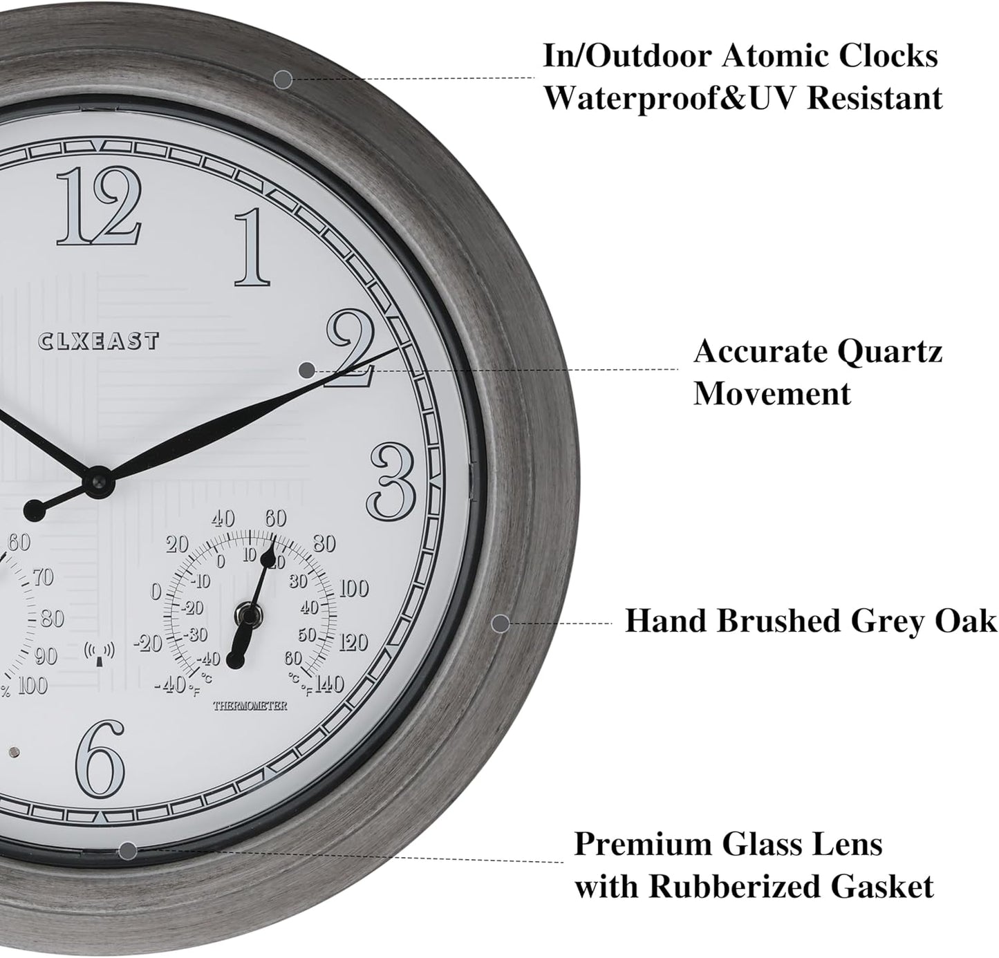 CLXEAST 18 Inch Farmhouse Illuminated Outdoor Atomic Wall Clock with Thermometer & Hygrometer Combo, Night Lighted Wall Clock with Smart Sensor, Weather Stations,Brushed Grey Oak Finish