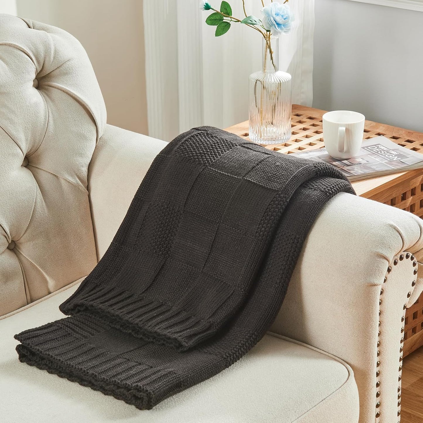 CozeCube Check Knit Throw Blanket, Jet Black Checkered Throw for Couch, Decorative Christmas Soft Cozy Warm Knitted Blanket for Bed Sofa Living Room, 50"X60"