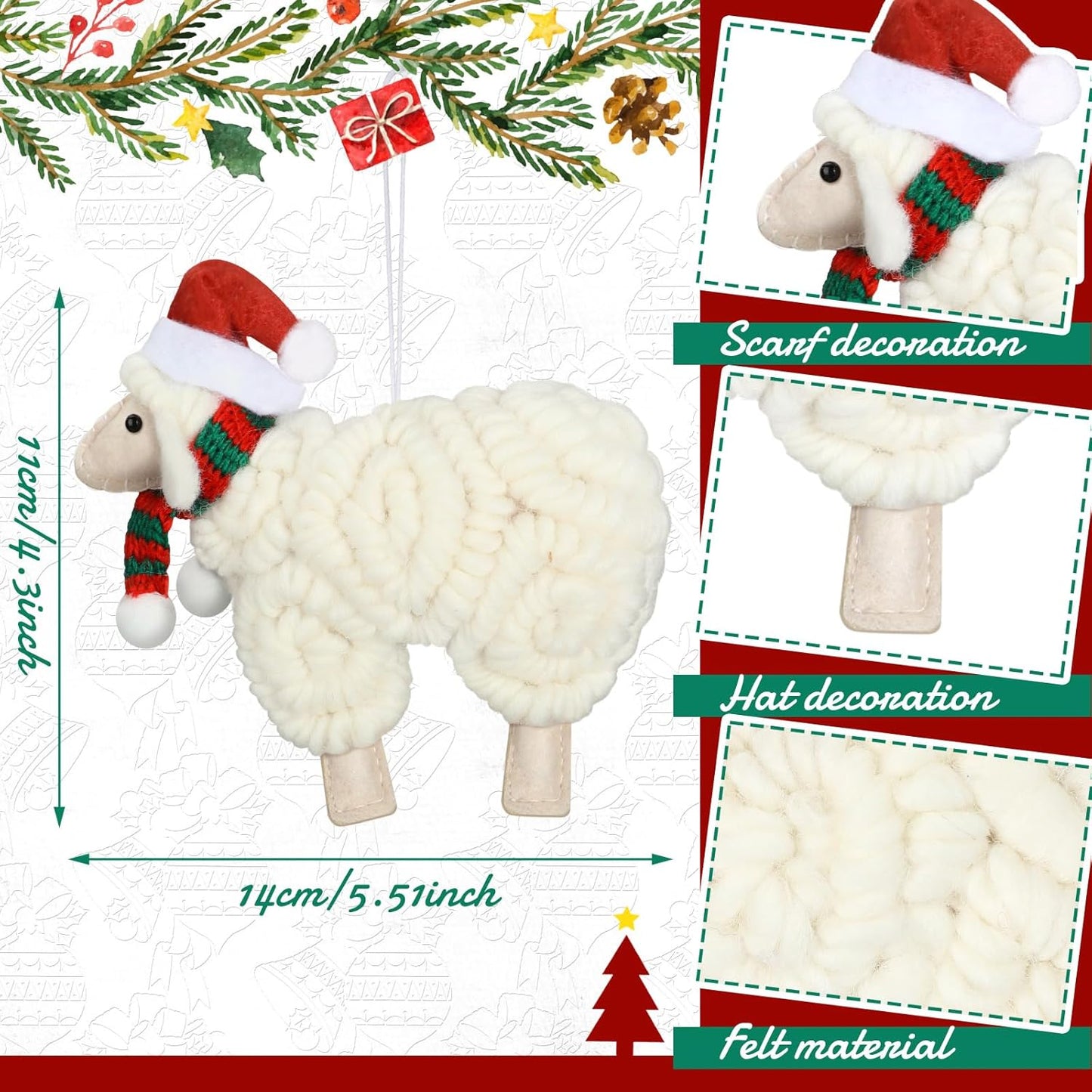 Jenaai 3 Pieces Felt Sheep Christmas Ornaments Sheep Decorative Hanging Ornaments Vintage Farm Wooly Lamb Tree Xmas Pendant Curly Decor for Holiday Figurines Gifts (Christmas)