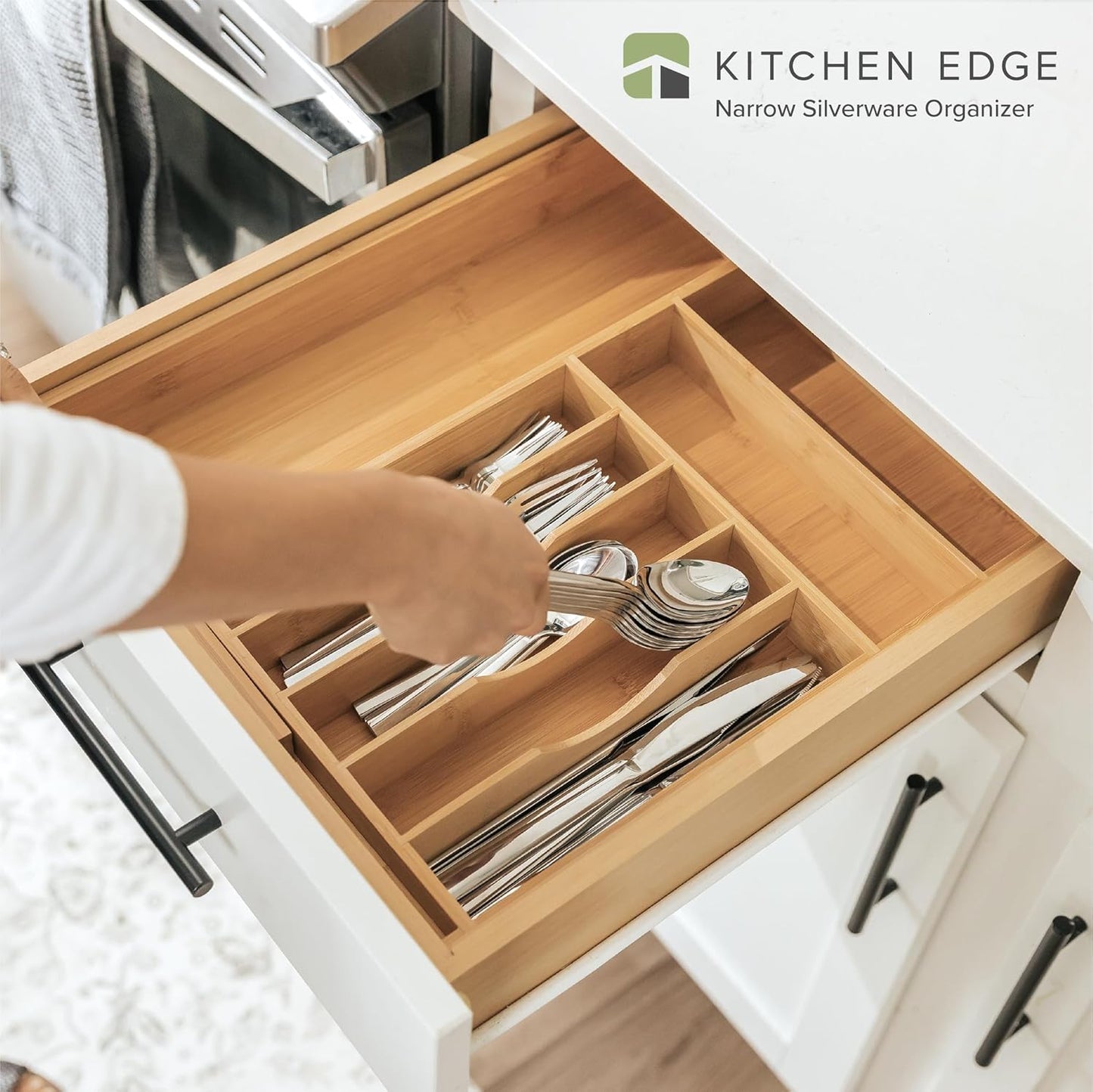 Premium Silverware, Flatware and Utensil Organizer for Kitchen Drawers, Food-Safe Contract Grade, Expandable from 10.5 to 19 In, Natural Bamboo