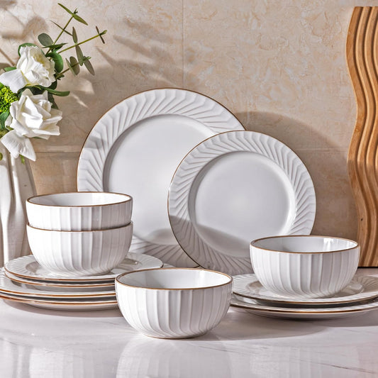 GBHOME Ceramic Dinnerware Sets,12 pcs Embossed Elegant Stoneware Plates and Bowls Sets, Housewarming Wedding Gift | Dishwasher & Microwave Safe | Dishes Set Service for 4