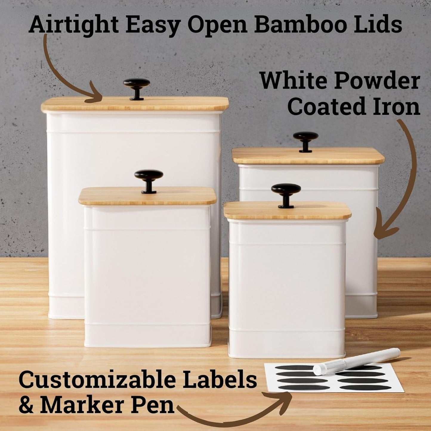 Kitchen Canisters for Countertop Set of 4 with Customizable Chalkboard Labels & Marker Pen - Big Iron Kitchen Canisters with Airtight Lids - Canisters Sets for the Kitchen - White Kitchen Canister Set